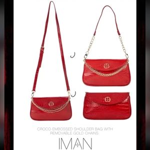 IMAN Croc-Embossed Poppy Red Shoulder/Crossbody Bag with Removable Gold Chains